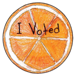 Drawing of an orange slice with 'I Voted' written over it in black ink.
